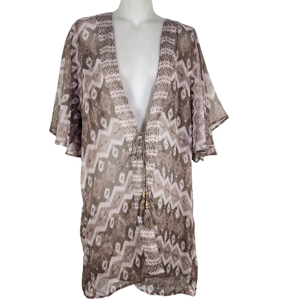 Steve Madden Womens Kimono One Size OSFM Ikat Printed Short Sleeve Clay Tassels